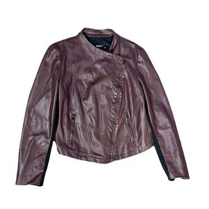 DKNY purple moto jacket cross zip size L faux leather long sleeve